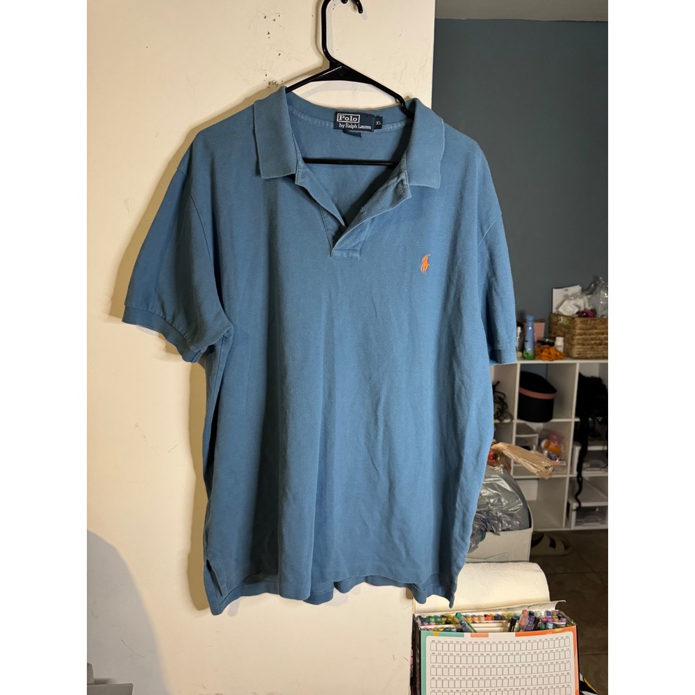 Polo Ralph Lauren Mens XL Blue Short Sleeve Pique Cotton Polo Shirt Orange Pony